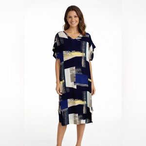 Aritzia Brand Babaton Multi-Color Abstract Print Maxi Dress, V-Neck, Oversized S